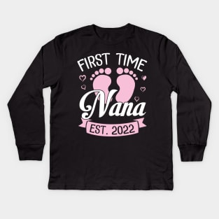 Baby Feet Heart Happy To Me Grandma First Time Nana Est 2022 Kids Long Sleeve T-Shirt